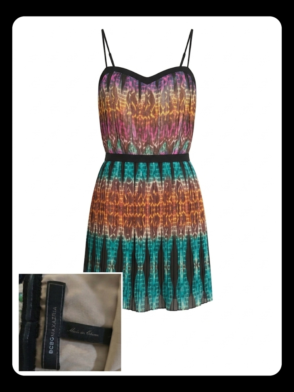 BCBGMAXAZRIA Multicolor Pleated Spaghetti-Strap Dress